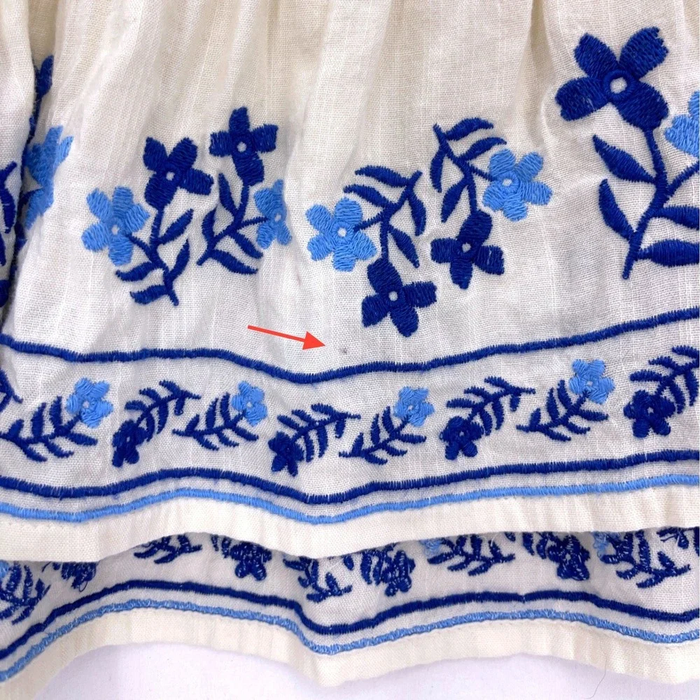 Old Navy Cream Blue Embroidered Ruffle Peplum Top M 8 Cross Back Floral Boho